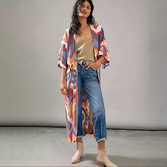 Multicolor Open Longline Three Quarter Sleeve Kimono Duster - Picture 2 of 15
